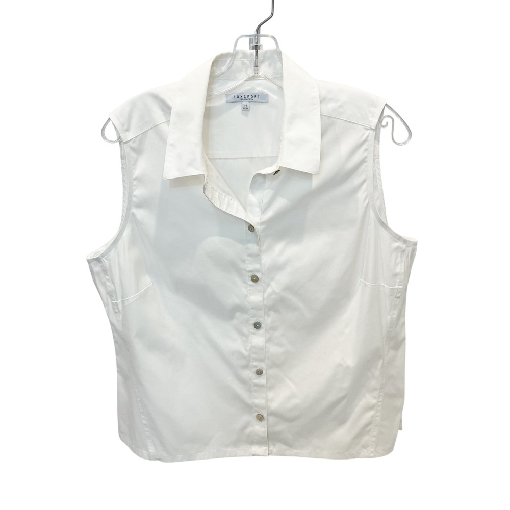 Foxcroft White Sleeveless Non Iron Stretch Button Up Shirt Fitted Womens Size 14